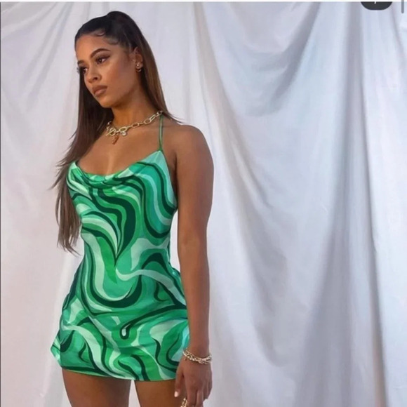 Zara Blogger Favourite Satin Swirl Slip Cowl  Neck Mini Dress Green Sz Medium - Picture 6 of 14